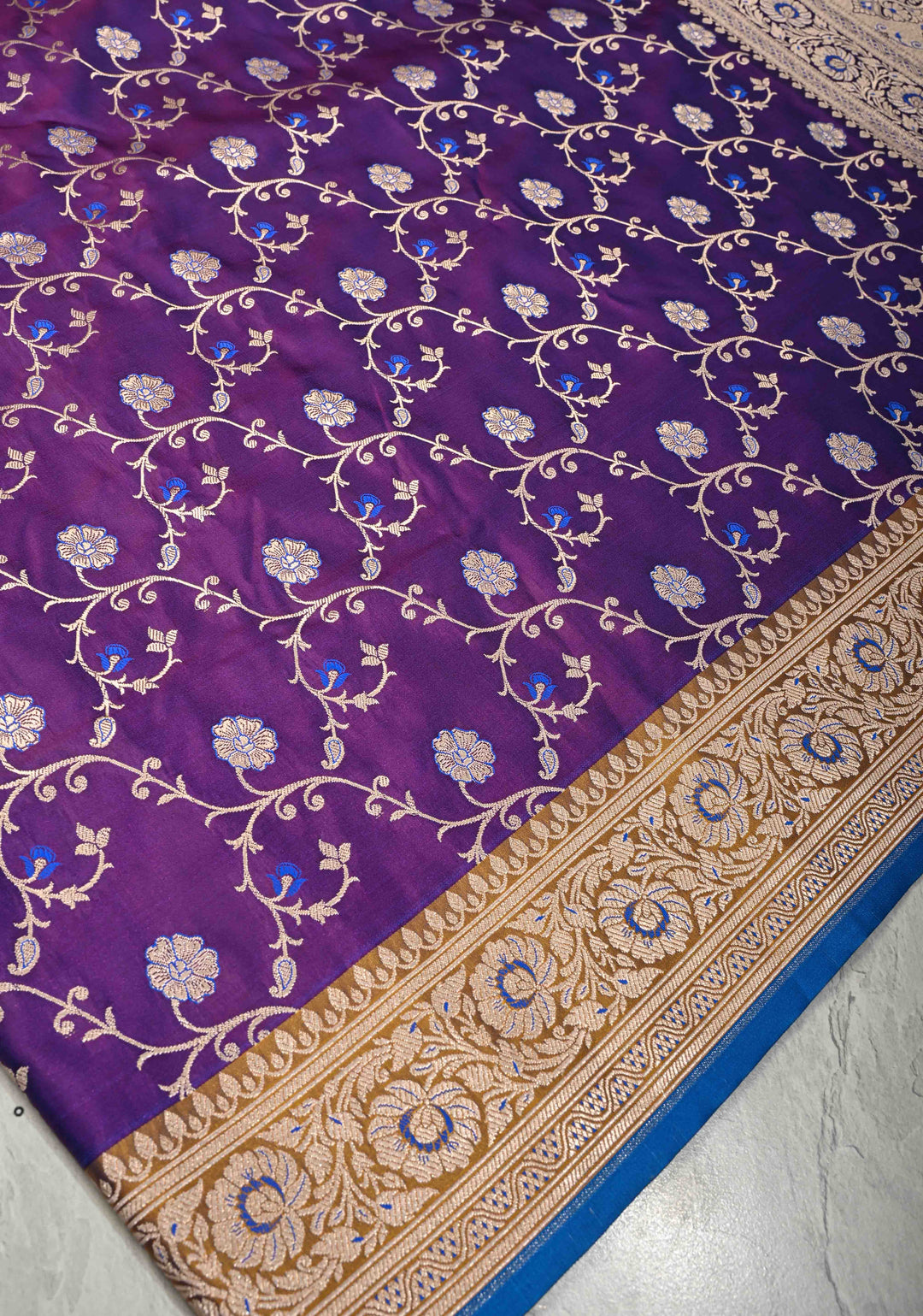 Purple Semi Mashru Silk Saree with Silver Floral Jaal and Meenakari Accents and Zari Border | SHOBITAM