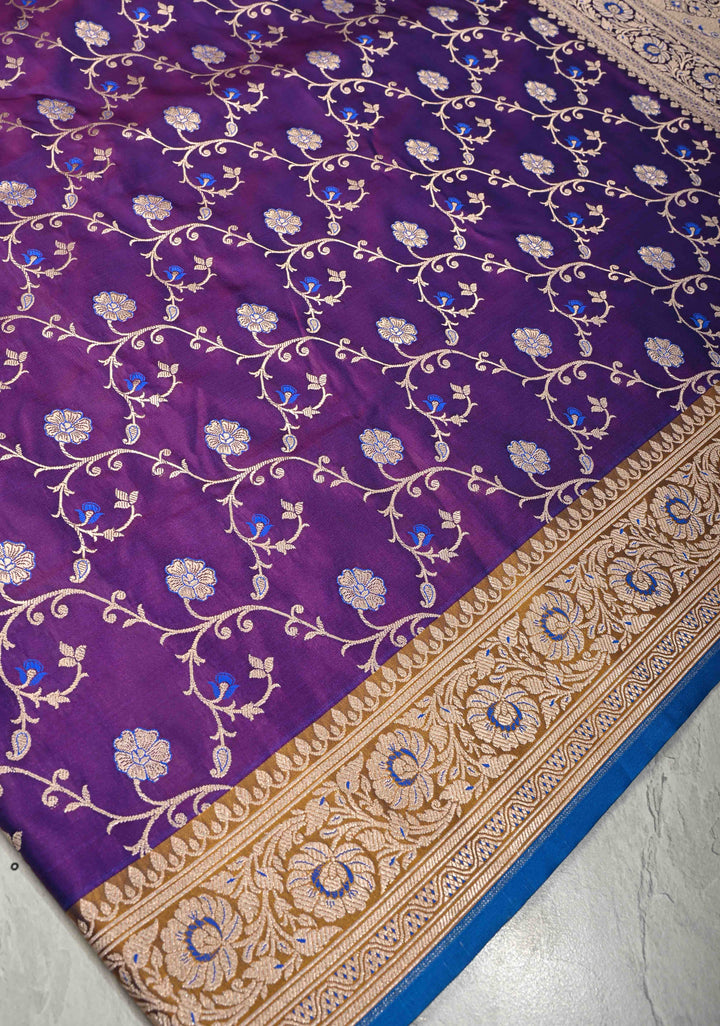 Purple Semi Mashru Silk Saree with Silver Floral Jaal and Meenakari Accents and Zari Border | SHOBITAM
