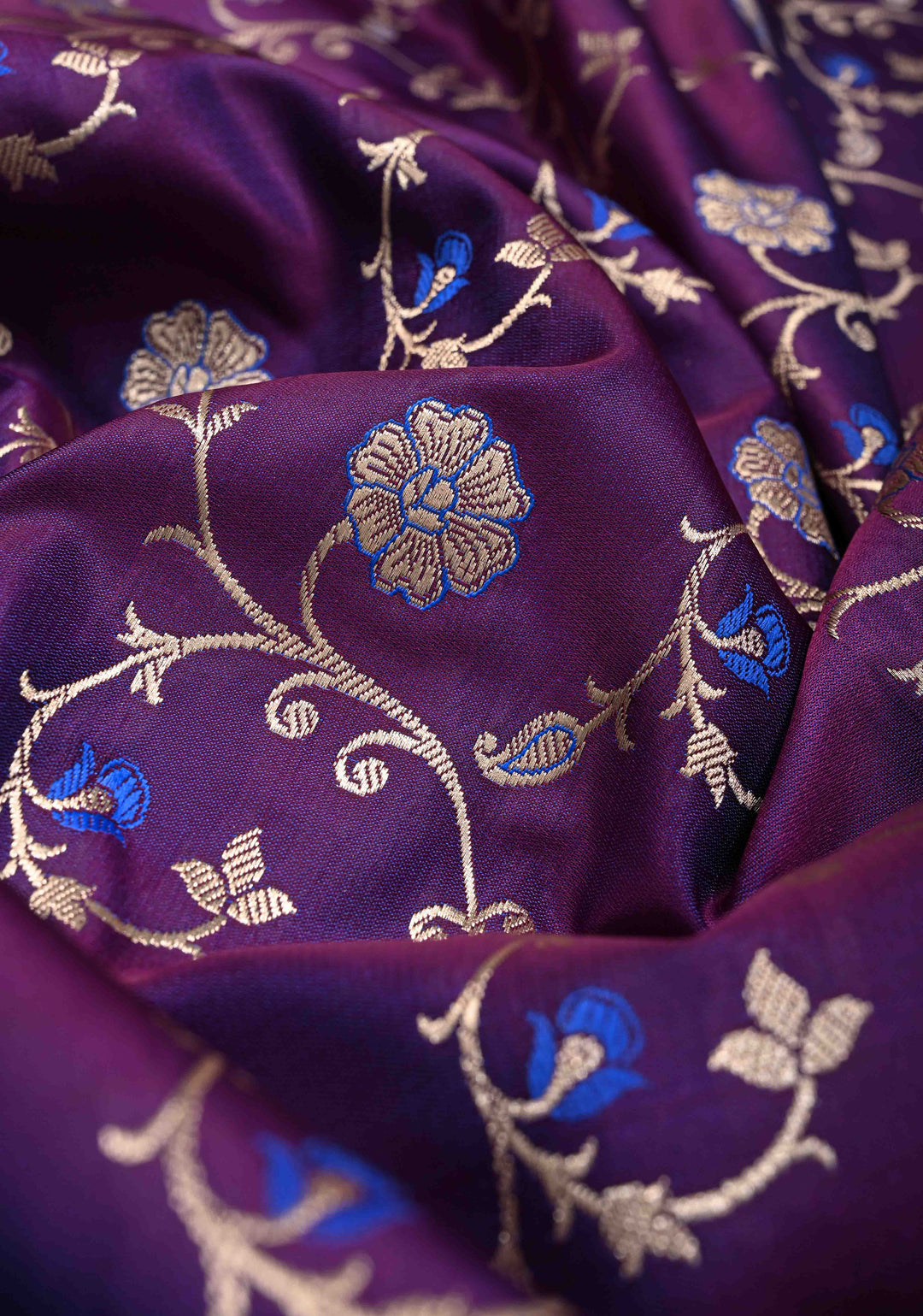 Purple Semi Mashru Silk Saree with Silver Floral Jaal and Meenakari Accents and Zari Border | SHOBITAM