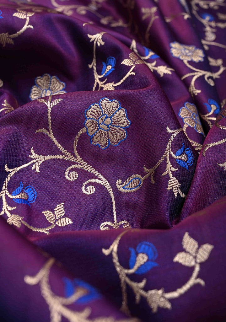 Purple Semi Mashru Silk Saree with Silver Floral Jaal and Meenakari Accents and Zari Border | SHOBITAM