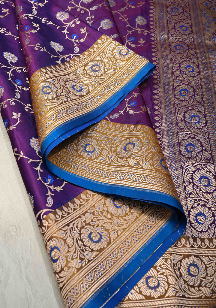 Purple Semi Mashru Silk Saree with Silver Floral Jaal and Meenakari Accents and Zari Border | SHOBITAM