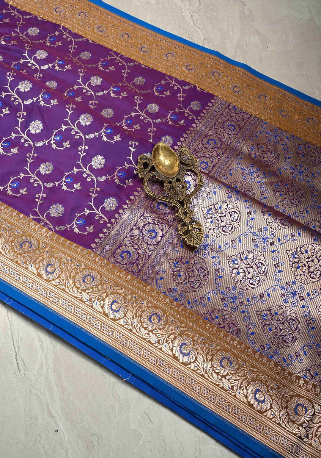 Purple Semi Mashru Silk Saree with Silver Floral Jaal and Meenakari Accents and Zari Border | SHOBITAM