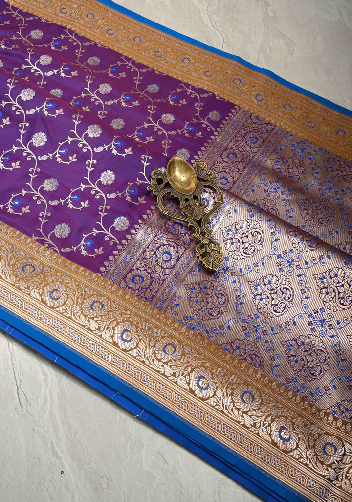 Purple Semi Mashru Silk Saree with Silver Floral Jaal and Meenakari Accents and Zari Border | SHOBITAM
