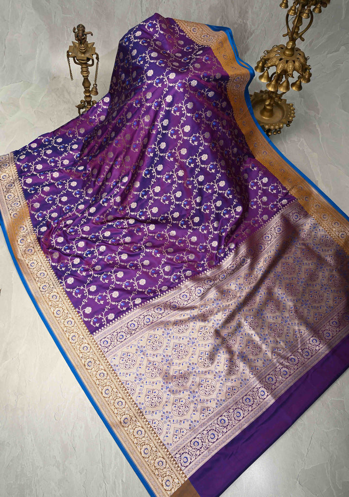 Purple Semi Mashru Silk Saree with Silver Floral Jaal and Meenakari Accents and Zari Border | SHOBITAM