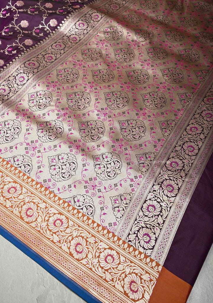 Deep Aubergine  Meenakari Accents Semi Mashru Silk Saree with Floral Jaal and Zari Border | SHOBITAM