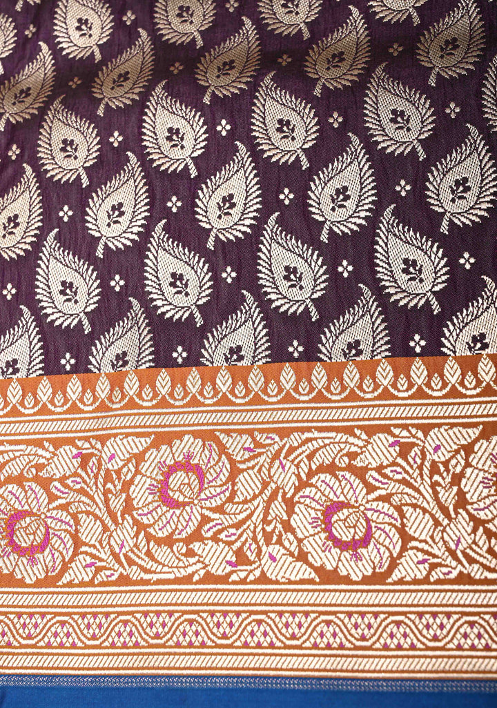Deep Aubergine  Meenakari Accents Semi Mashru Silk Saree with Floral Jaal and Zari Border | SHOBITAM