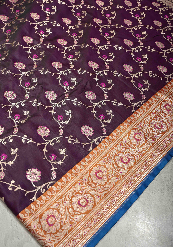 Deep Aubergine  Meenakari Accents Semi Mashru Silk Saree with Floral Jaal and Zari Border | SHOBITAM