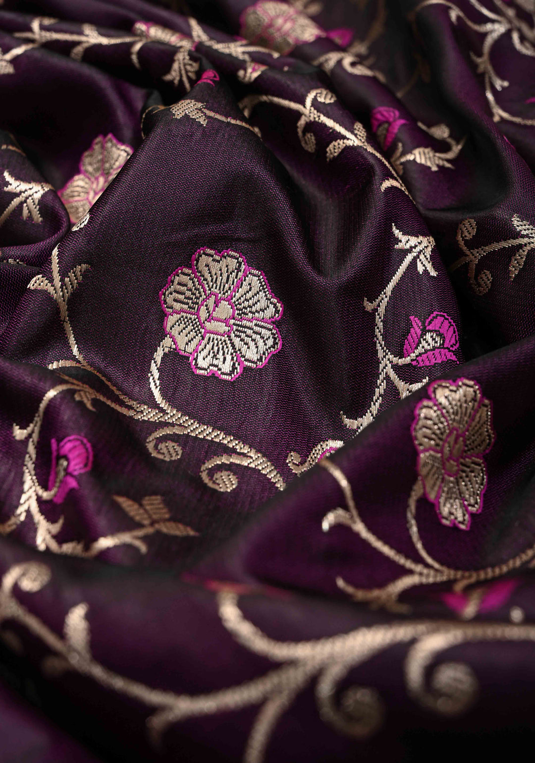 Deep Aubergine  Meenakari Accents Semi Mashru Silk Saree with Floral Jaal and Zari Border | SHOBITAM