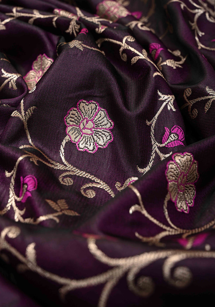 Deep Aubergine  Meenakari Accents Semi Mashru Silk Saree with Floral Jaal and Zari Border | SHOBITAM