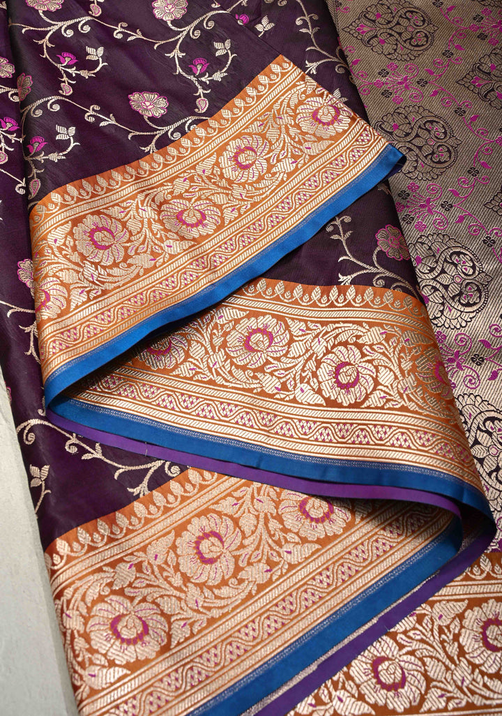 Deep Aubergine  Meenakari Accents Semi Mashru Silk Saree with Floral Jaal and Zari Border | SHOBITAM
