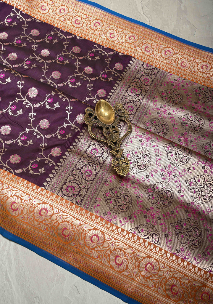 Deep Aubergine  Meenakari Accents Semi Mashru Silk Saree with Floral Jaal and Zari Border | SHOBITAM