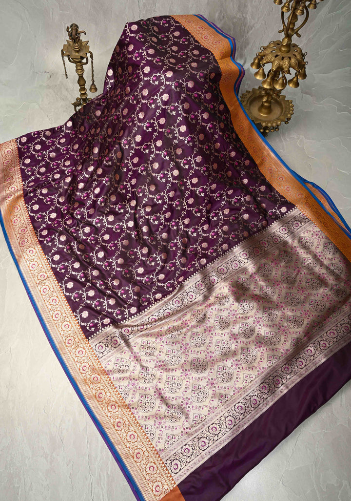 Deep Aubergine  Meenakari Accents Semi Mashru Silk Saree with Floral Jaal and Zari Border | SHOBITAM