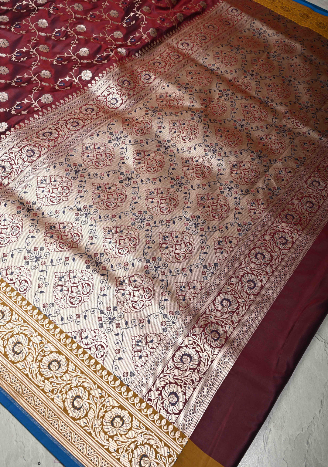 Wine Maroon Semi Mashru Silk Saree with Floral Jaal and Zari Border | SHOBITAM
