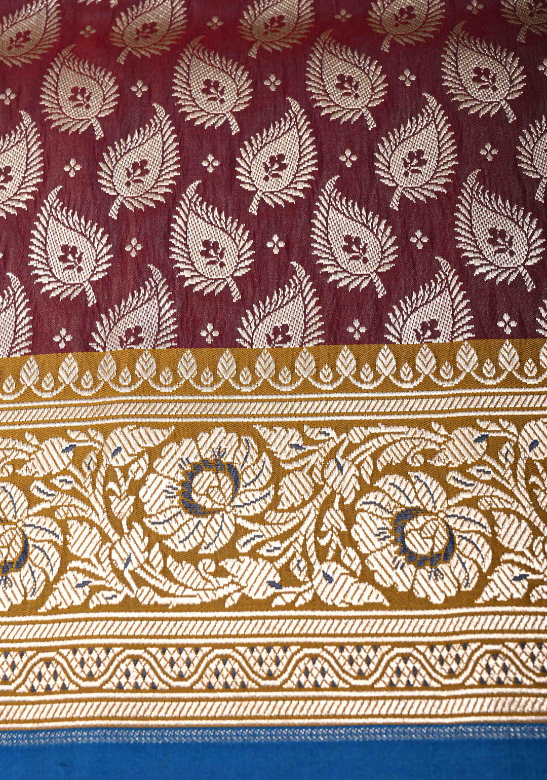 Wine Maroon Semi Mashru Silk Saree with Floral Jaal and Zari Border | SHOBITAM