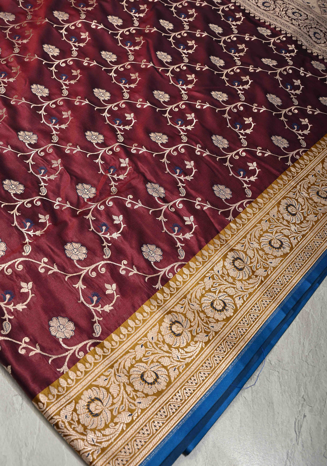 Wine Maroon Semi Mashru Silk Saree with Floral Jaal and Zari Border | SHOBITAM