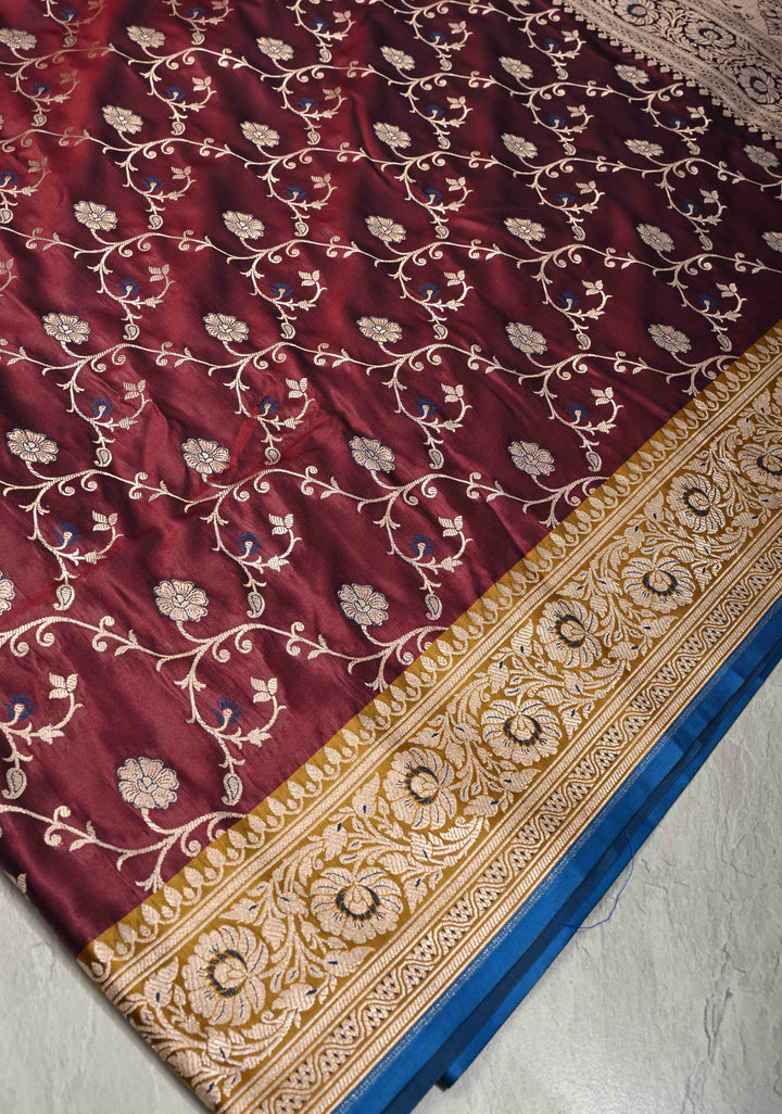 Wine Maroon Semi Mashru Silk Saree with Floral Jaal and Zari Border | SHOBITAM