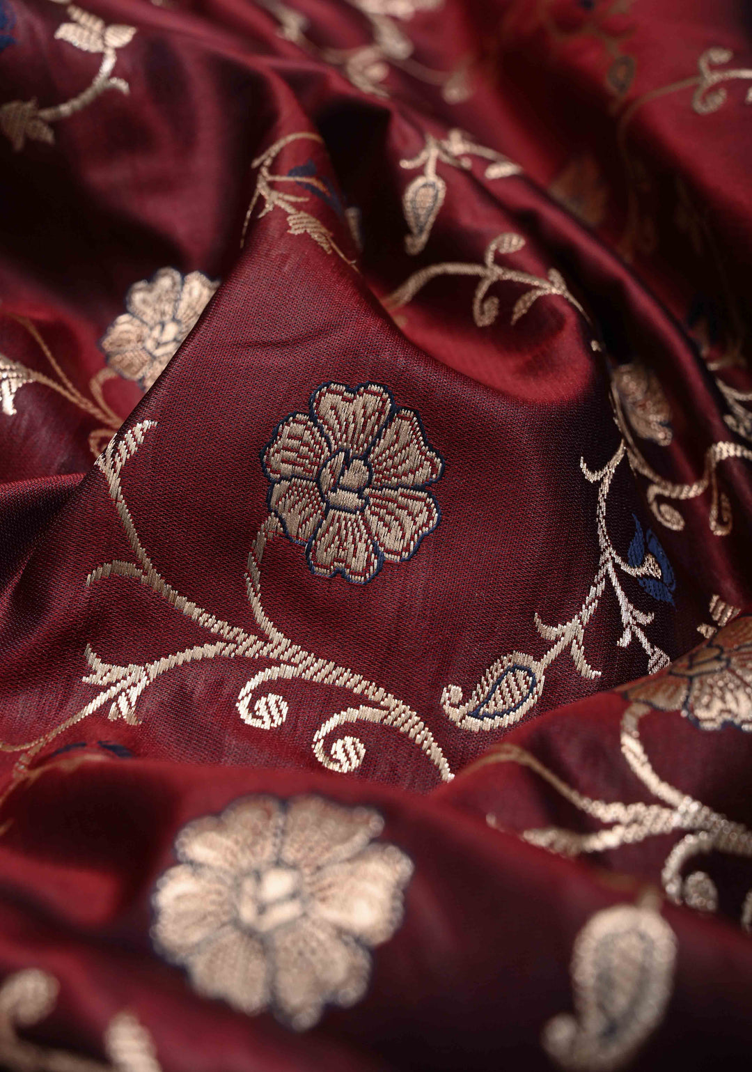 Wine Maroon Semi Mashru Silk Saree with Floral Jaal and Zari Border | SHOBITAM