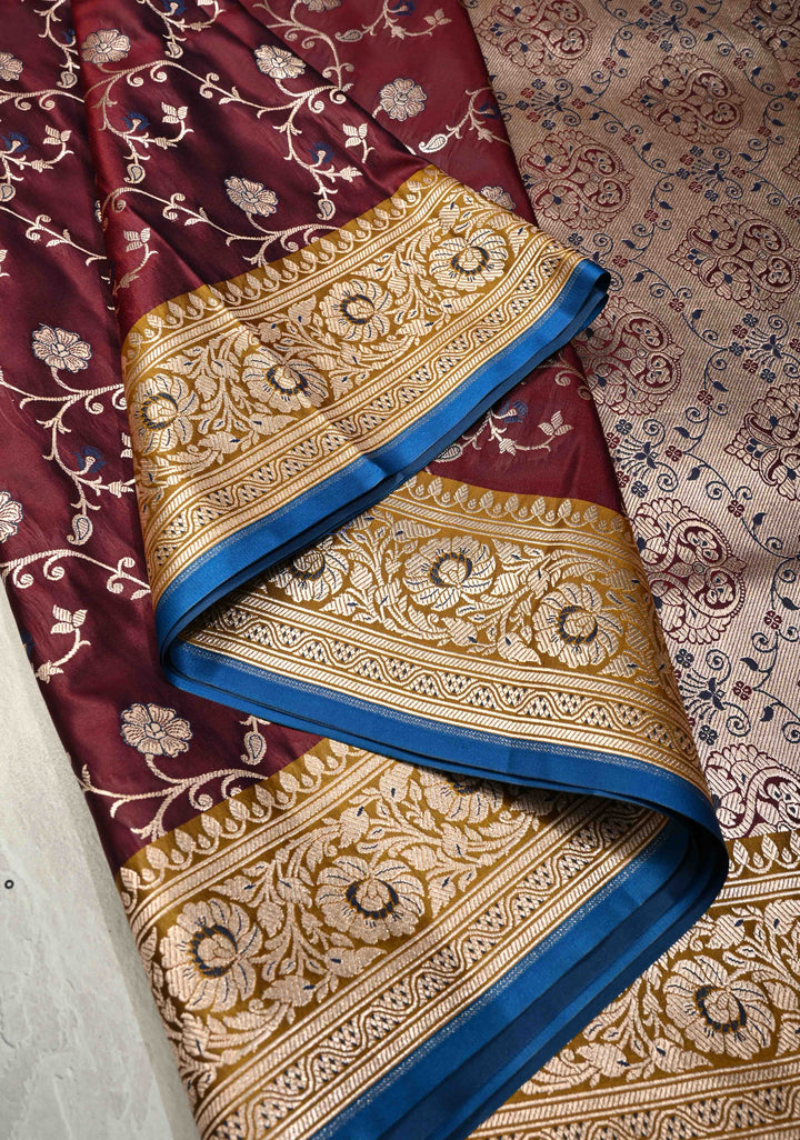 Wine Maroon Semi Mashru Silk Saree with Floral Jaal and Zari Border | SHOBITAM