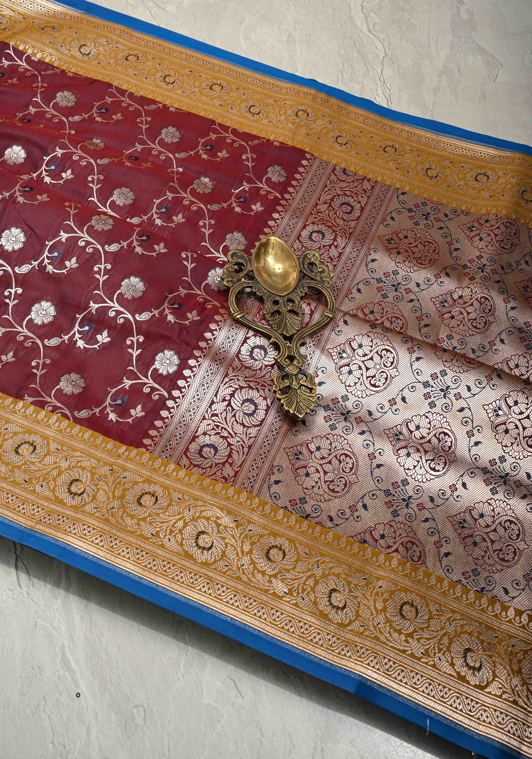Wine Maroon Semi Mashru Silk Saree with Floral Jaal and Zari Border | SHOBITAM