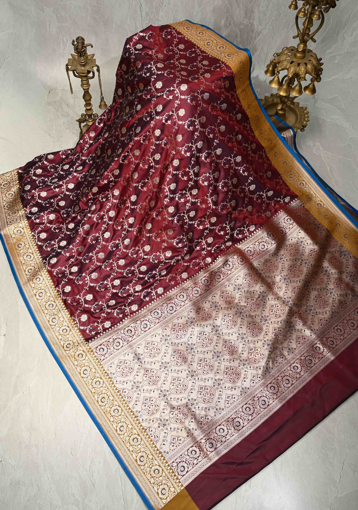 Wine Maroon Semi Mashru Silk Saree with Floral Jaal and Zari Border | SHOBITAM