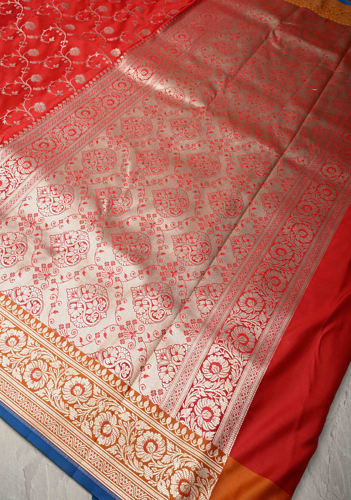 Blood Red Meenakari on Banarasi Semi Mashru Silk Saree with Silver Zari Floral Jaal and Contrast Zari Border
