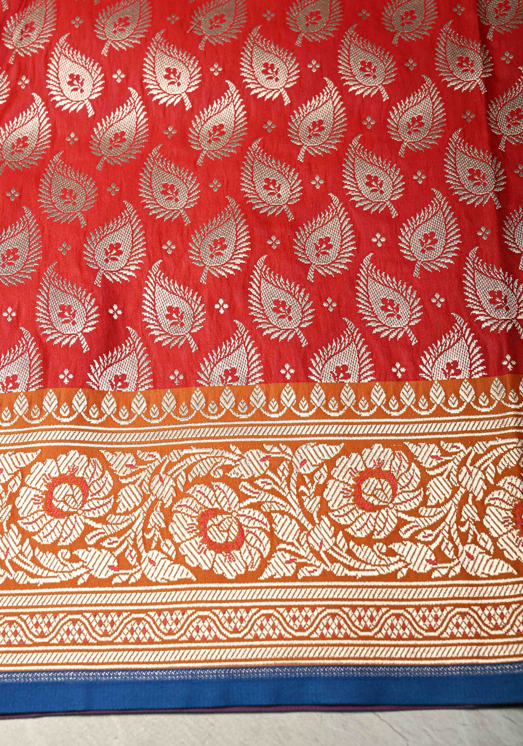 Blood Red Meenakari on Banarasi Semi Mashru Silk Saree with Silver Zari Floral Jaal and Contrast Zari Border