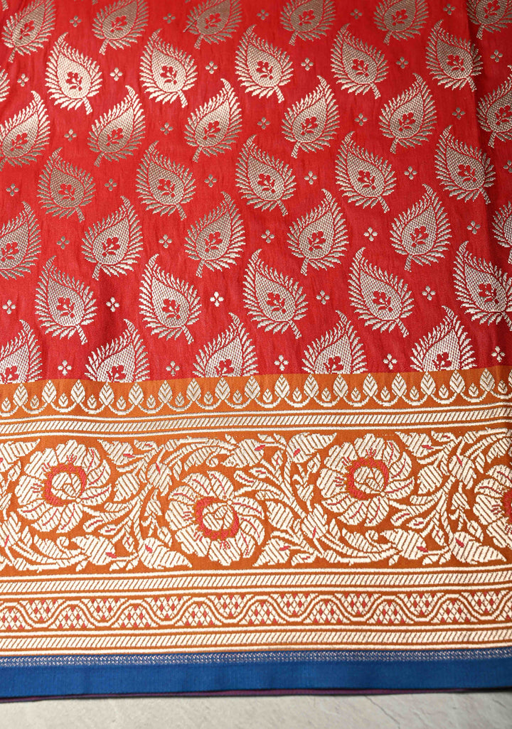 Blood Red Meenakari on Banarasi Semi Mashru Silk Saree with Silver Zari Floral Jaal and Contrast Zari Border