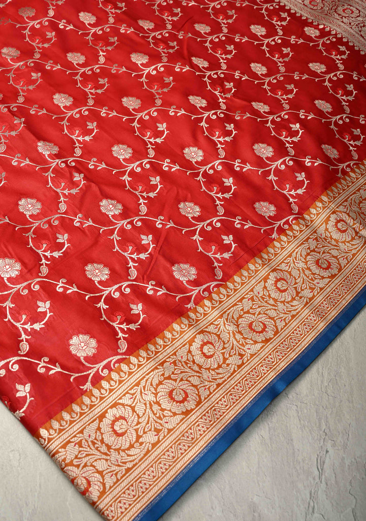 Blood Red Meenakari on Banarasi Semi Mashru Silk Saree with Silver Zari Floral Jaal and Contrast Zari Border