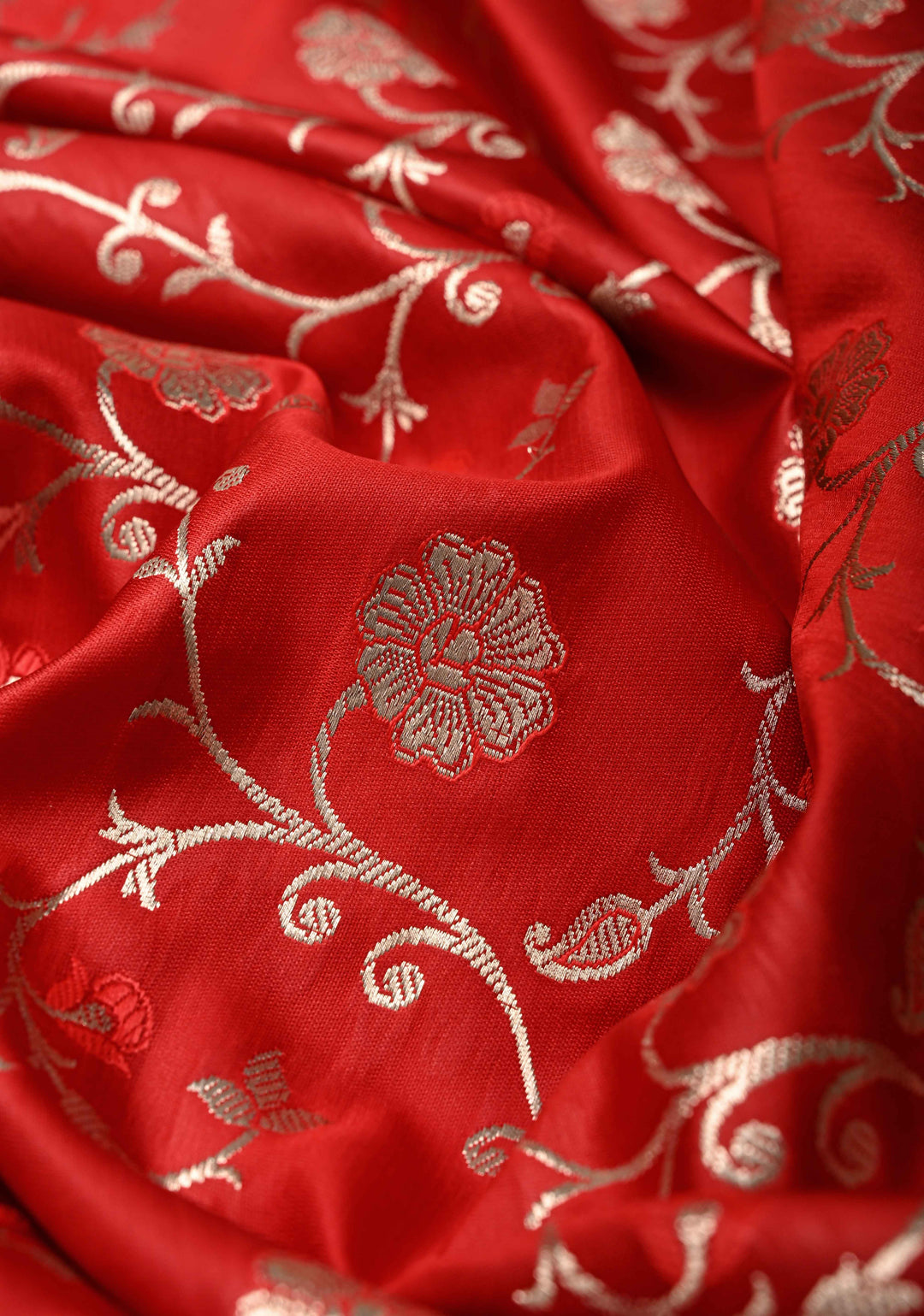 Blood Red Meenakari on Banarasi Semi Mashru Silk Saree with Silver Zari Floral Jaal and Contrast Zari Border