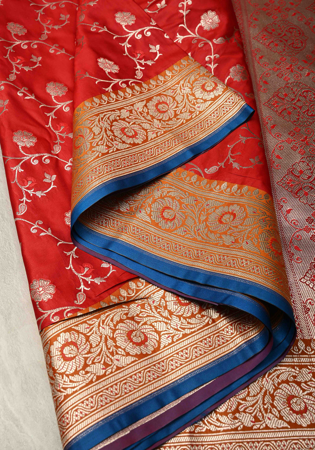 Blood Red Meenakari on Banarasi Semi Mashru Silk Saree with Silver Zari Floral Jaal and Contrast Zari Border