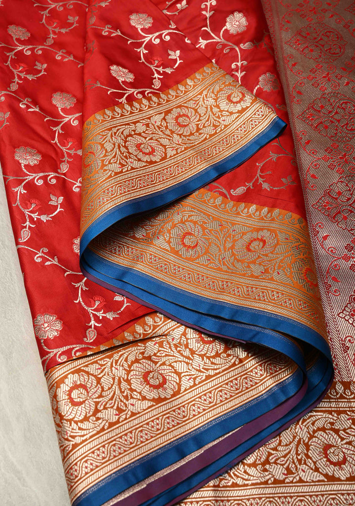 Blood Red Meenakari on Banarasi Semi Mashru Silk Saree with Silver Zari Floral Jaal and Contrast Zari Border
