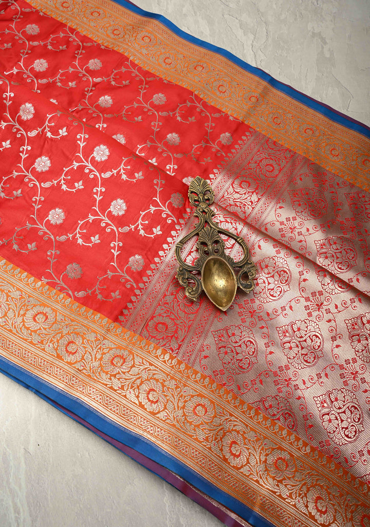 Blood Red Meenakari on Banarasi Semi Mashru Silk Saree with Silver Zari Floral Jaal and Contrast Zari Border