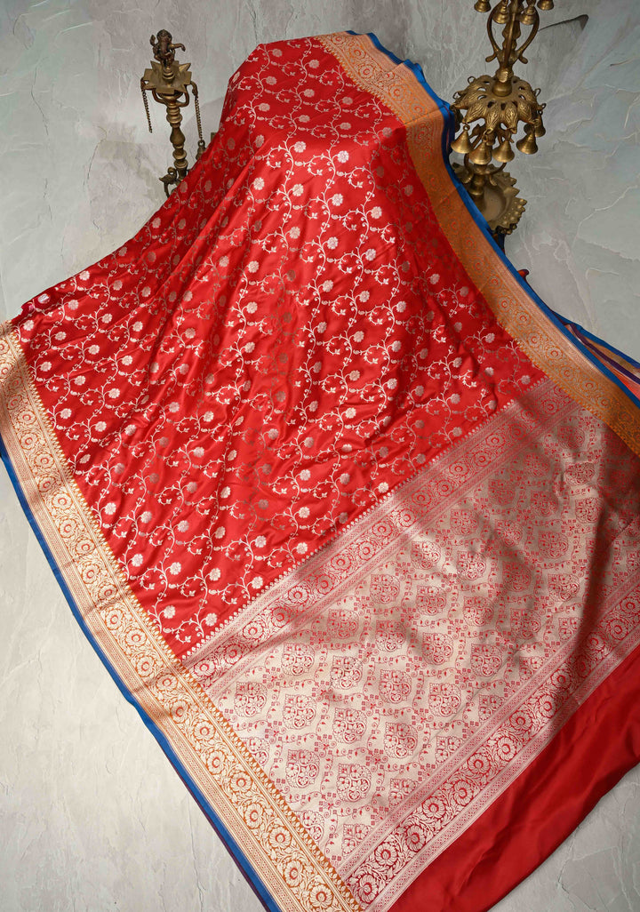 Blood Red Meenakari on Banarasi Semi Mashru Silk Saree with Silver Zari Floral Jaal and Contrast Zari Border
