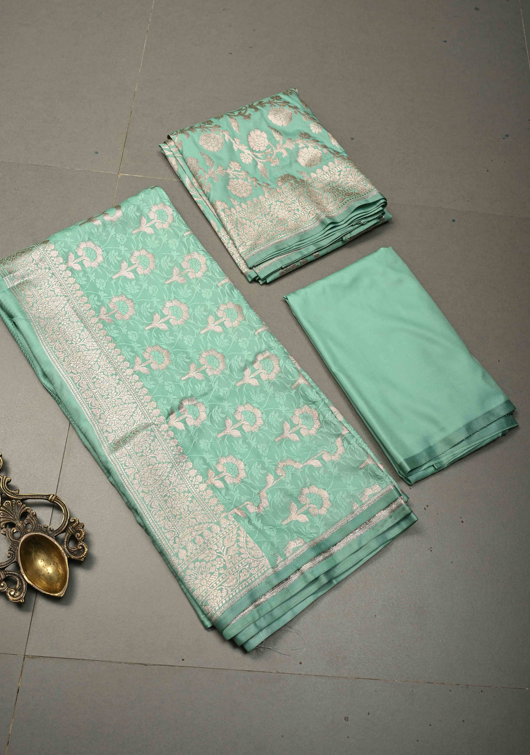 Seafoam Green Floral Jaal Semi Mashru Silk Unstitched Salwar Suit Set | SHOBITAM