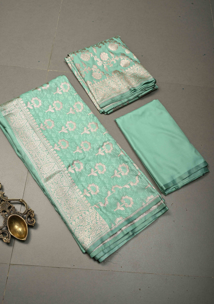 Seafoam Green Floral Jaal Semi Mashru Silk Unstitched Salwar Suit Set | SHOBITAM