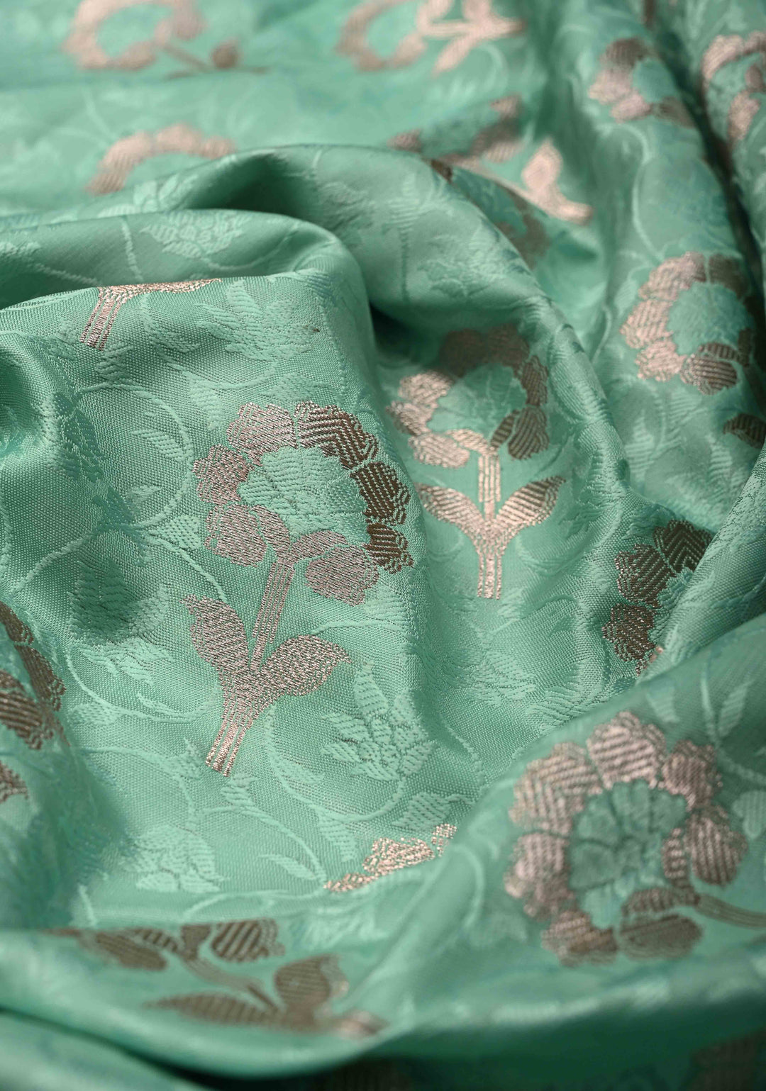 Seafoam Green Floral Jaal Semi Mashru Silk Unstitched Salwar Suit Set | SHOBITAM