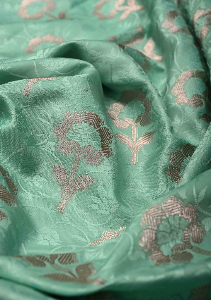 Seafoam Green Floral Jaal Semi Mashru Silk Unstitched Salwar Suit Set | SHOBITAM