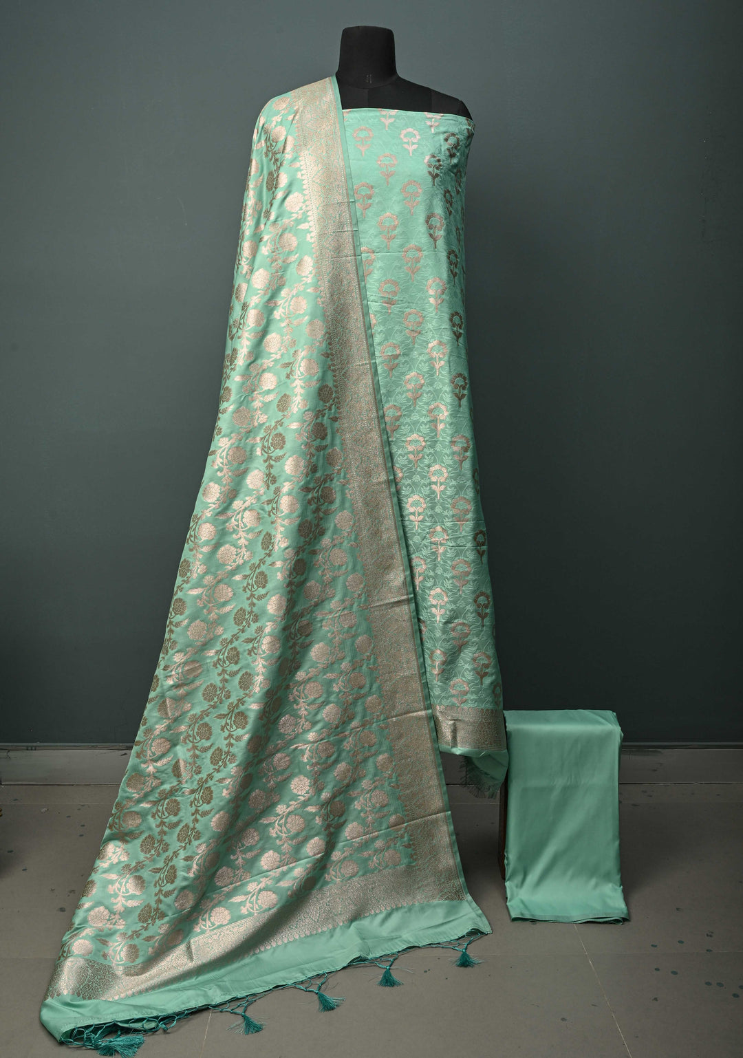 Seafoam Green Floral Jaal Semi Mashru Silk Unstitched Salwar Suit Set | SHOBITAM