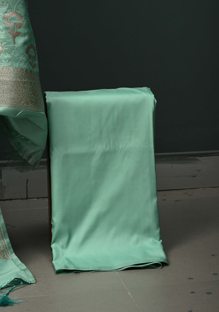 Seafoam Green Floral Jaal Semi Mashru Silk Unstitched Salwar Suit Set | SHOBITAM