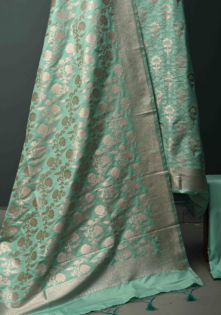 Seafoam Green Floral Jaal Semi Mashru Silk Unstitched Salwar Suit Set | SHOBITAM