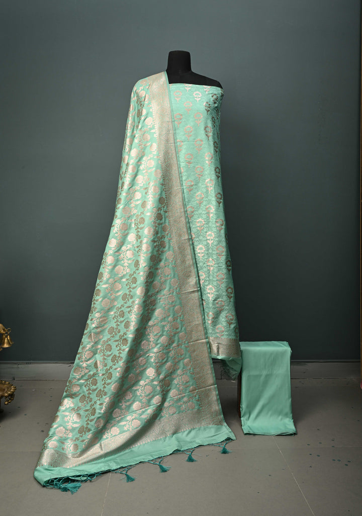 Seafoam Green Floral Jaal Semi Mashru Silk Unstitched Salwar Suit Set | SHOBITAM