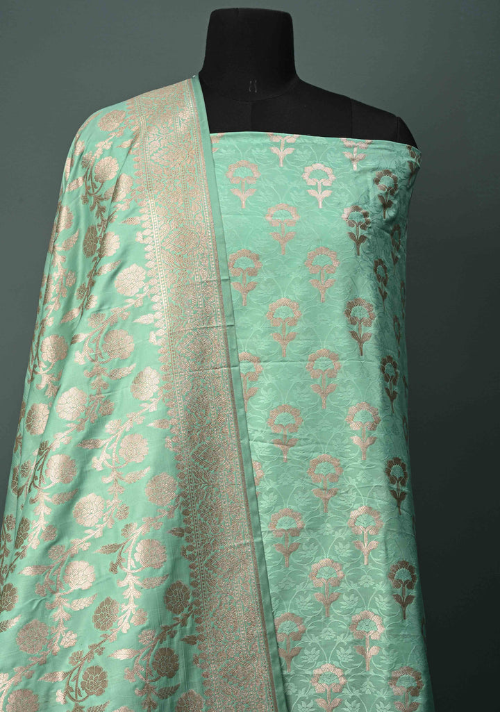 Seafoam Green Floral Jaal Semi Mashru Silk Unstitched Salwar Suit Set | SHOBITAM