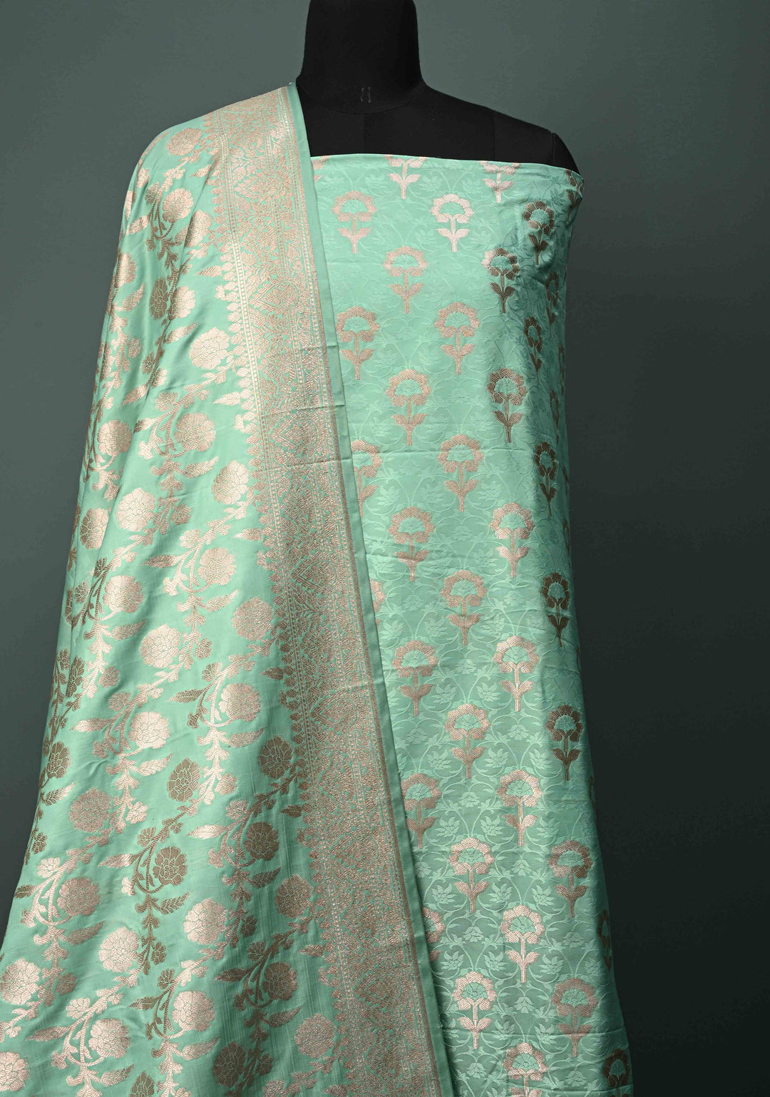 Seafoam Green Floral Jaal Semi Mashru Silk Unstitched Salwar Suit Set | SHOBITAM