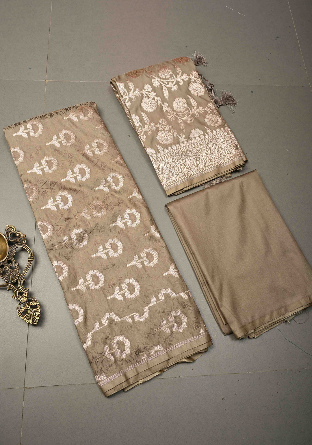 Taupe Floral Jaal  Semi Mashru Silk Unstitched Salwar Suit Set | SHOBITAM