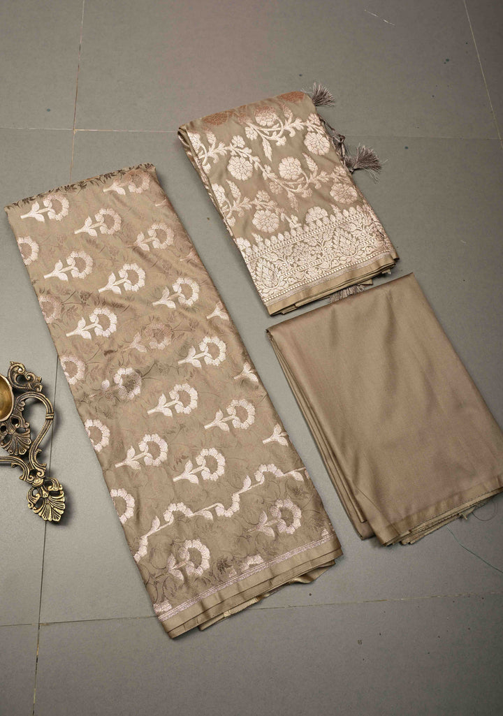 Taupe Floral Jaal  Semi Mashru Silk Unstitched Salwar Suit Set | SHOBITAM