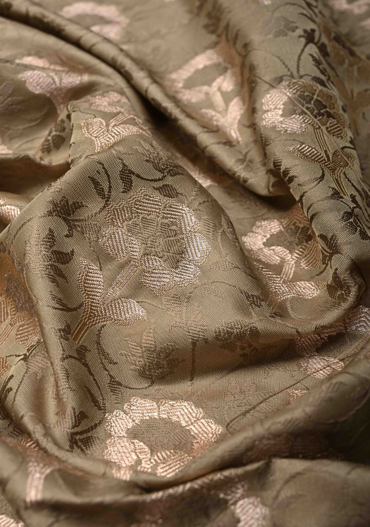 Taupe Floral Jaal  Semi Mashru Silk Unstitched Salwar Suit Set | SHOBITAM