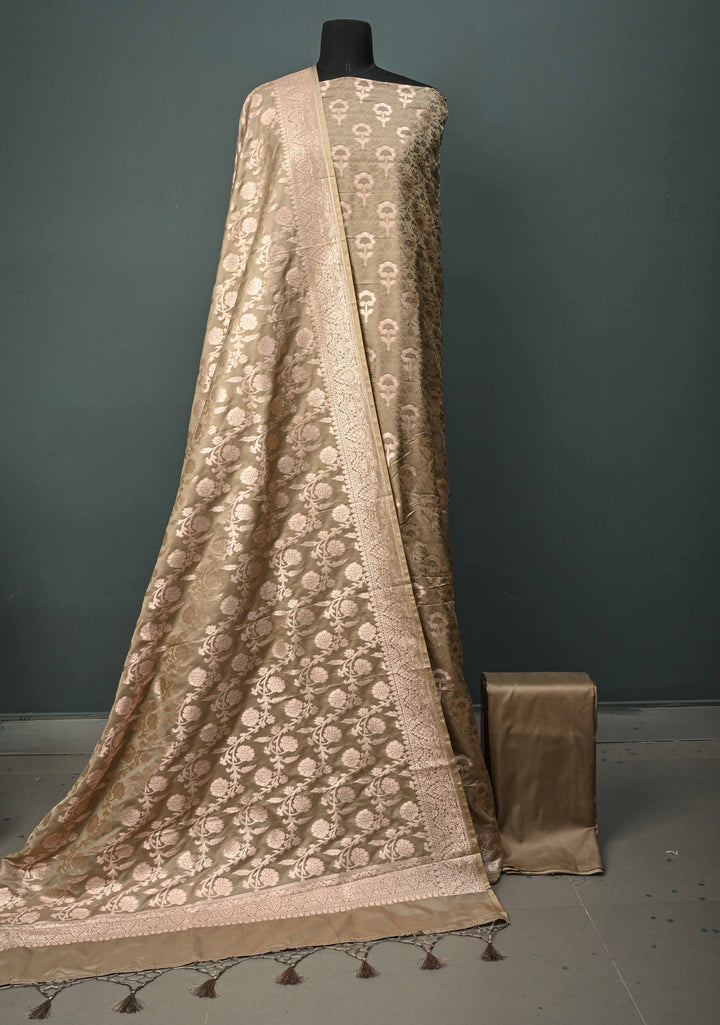 Taupe Floral Jaal  Semi Mashru Silk Unstitched Salwar Suit Set | SHOBITAM
