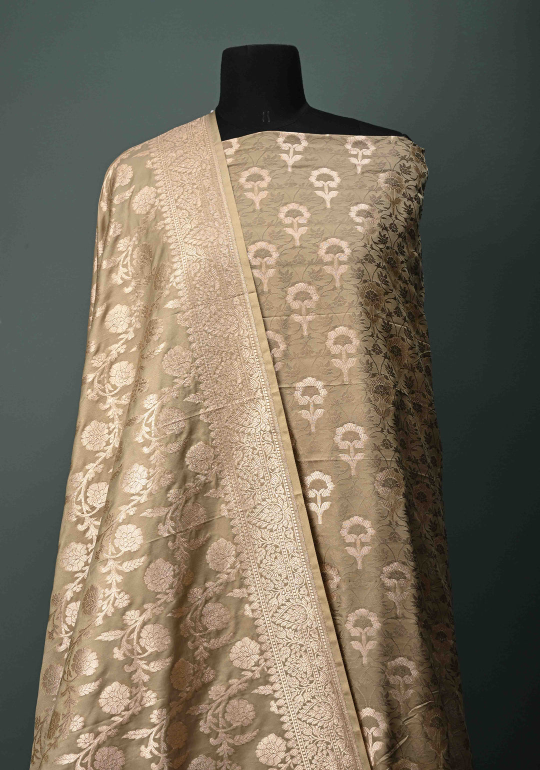 Taupe Floral Jaal  Semi Mashru Silk Unstitched Salwar Suit Set | SHOBITAM