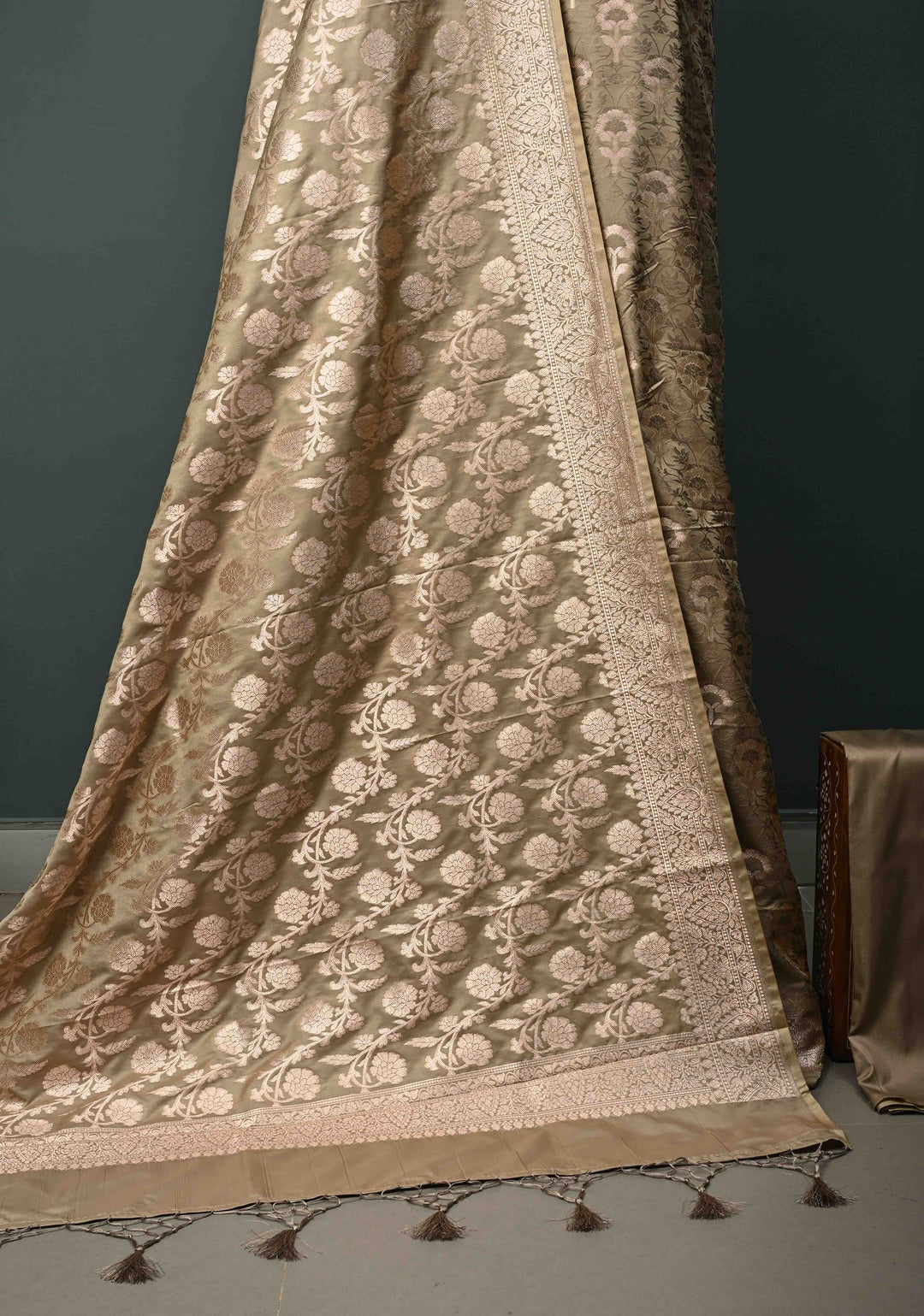 Taupe Floral Jaal  Semi Mashru Silk Unstitched Salwar Suit Set | SHOBITAM