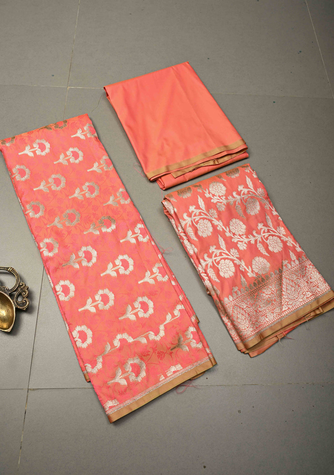 Salmon Orange Floral Jaal  Semi Mashru Silk Unstitched Salwar Suit Set | SHOBITAM